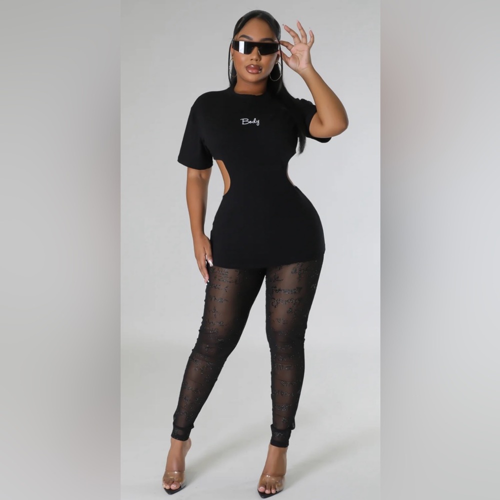 2 Piece Cutout Bodysuit Jumpsuit with Sheer Embellished Leggings - Black